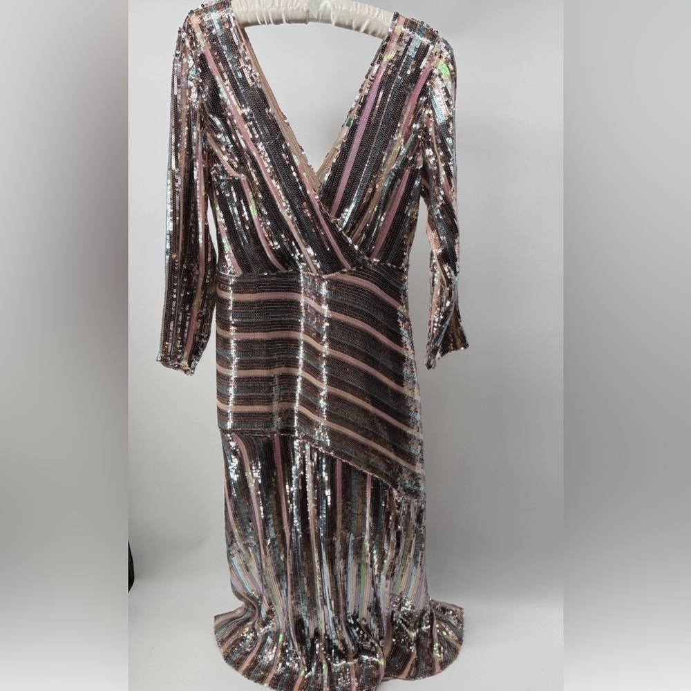 RIXO London Sequin Stripe Wrap Dress Sz SP Rose Gold Long Slv Glam Formal